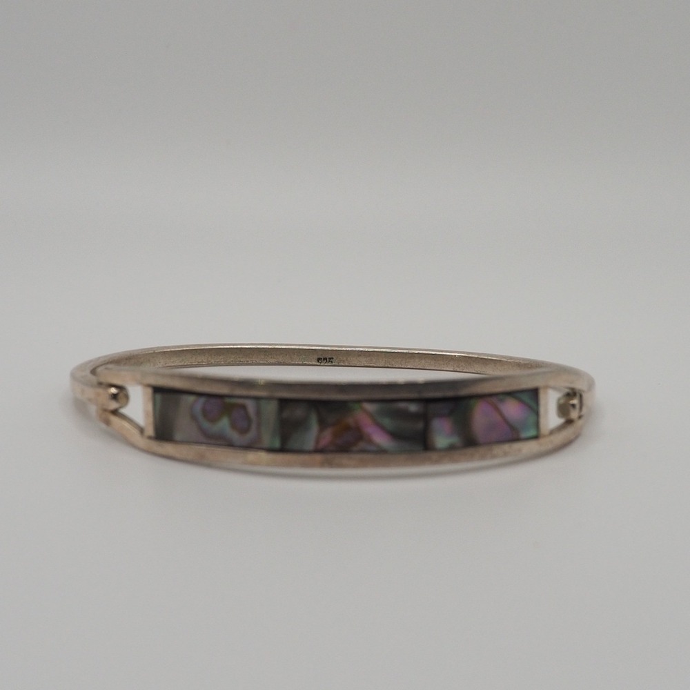 Vintage Bangle Bracelet Silver Abalone Inlay Shell Mexico Boho - Picture 10 of 12